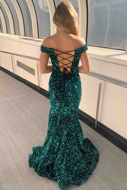 Mermaid Off The Shoulder Sequins Long Prom Dresses