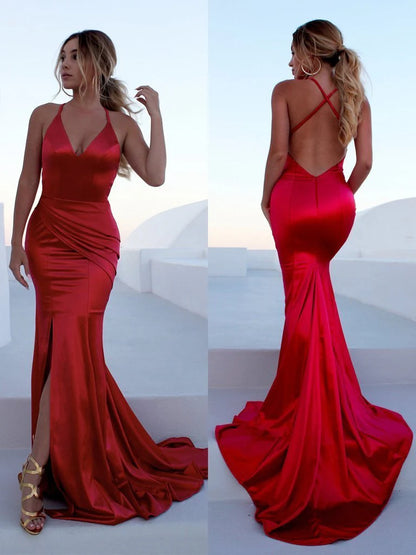 Sexy Mermaid Satin Deep V Neck Prom Dresses Long Evening Dresses