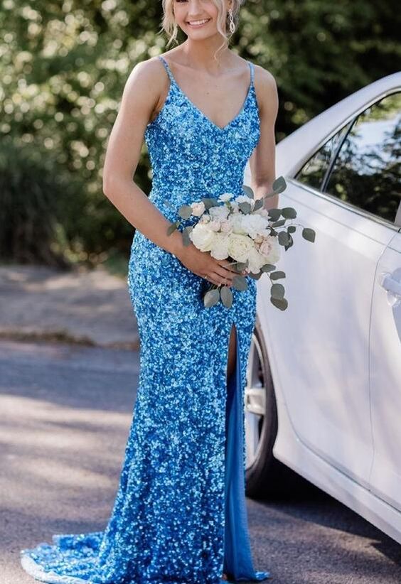Sexy Mermaid Spaghetti Straps Slit V Neck Sequins Long Sleeveless Prom Dresses