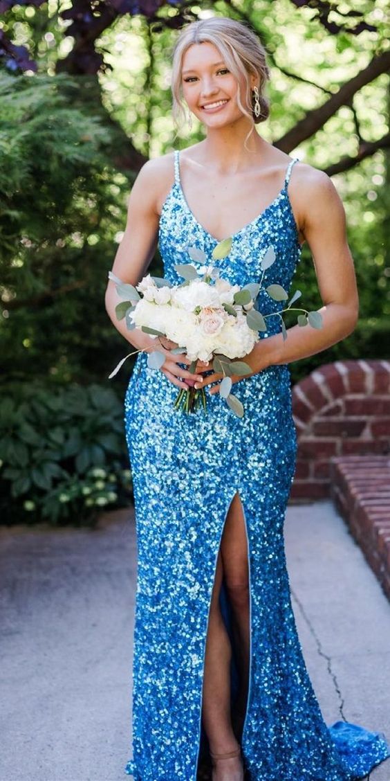 Sexy Mermaid Spaghetti Straps Slit V Neck Sequins Long Sleeveless Prom Dresses