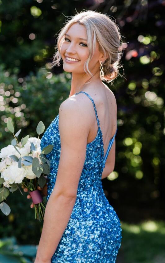 Sexy Mermaid Spaghetti Straps Slit V Neck Sequins Long Sleeveless Prom Dresses