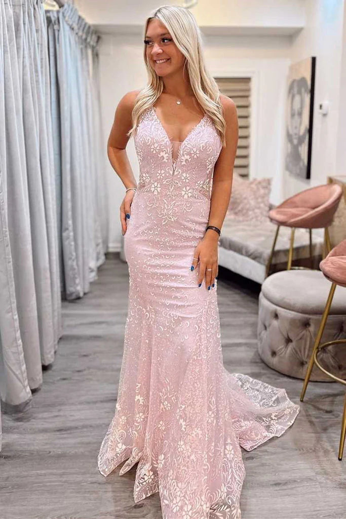 Mermaid V Neck Pink Lace Backless Long Prom Dresses