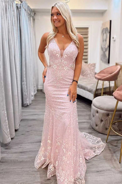 Mermaid V Neck Pink Lace Backless Long Prom Dresses