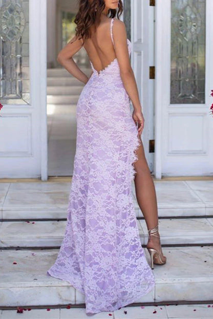 Spaghetti Straps Sweetheart Lilac Mermaid Lace Prom Dresses