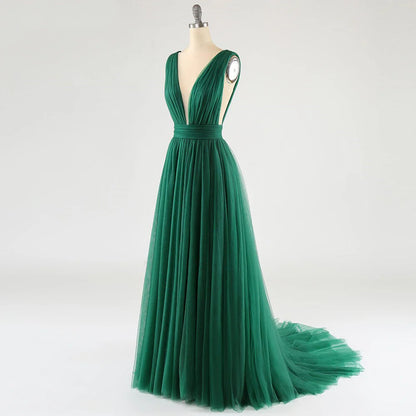 Sexy Prom Dress Sweep Train V Neck Tulle