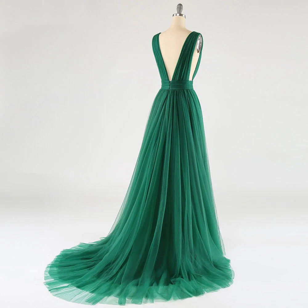 Sexy Prom Dress Sweep Train V Neck Tulle