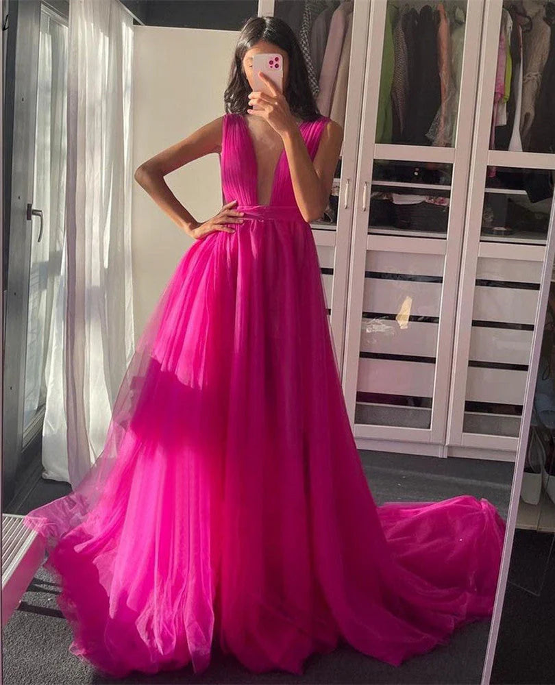 Sexy Prom Dress Sweep Train V Neck Tulle