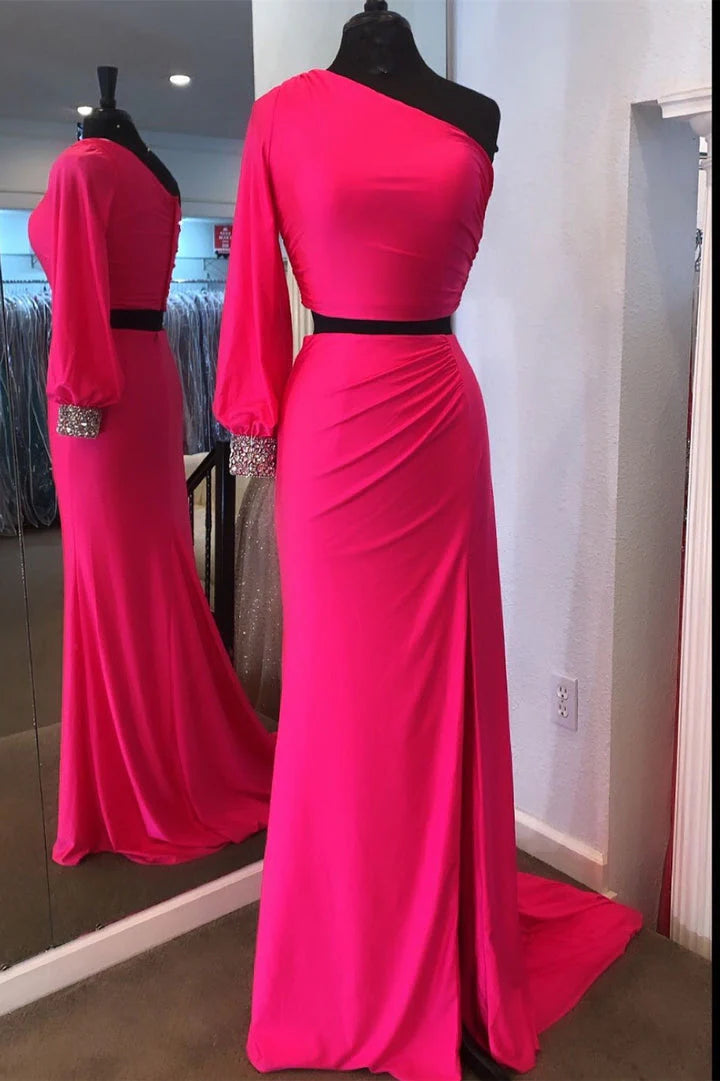 Sexy Satin One Shoulder Two Piece Mermaid Long Sleeves Prom Dresses