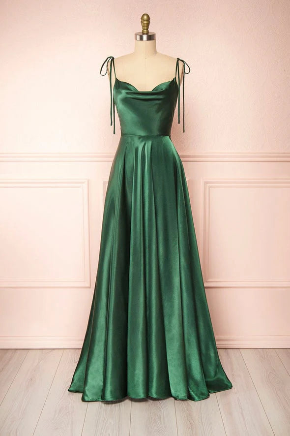 Sexy Satin Spaghetti Straps Sleeveless Split Front Prom Dress