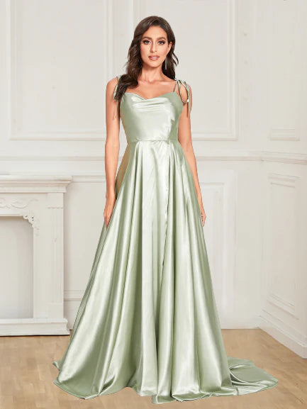 Sexy Satin Spaghetti Straps Sleeveless Split Front Prom Dress