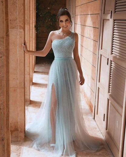Tulle Sleeveless One Shoulder Prom Dresses With Side Slit Sparkly, Long Formal Dresses