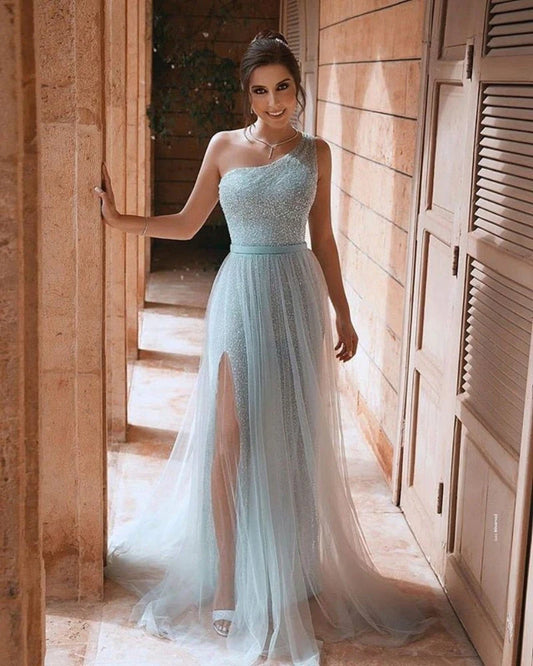 Tulle Sleeveless One Shoulder Prom Dresses With Side Slit Sparkly, Long Formal Dresses
