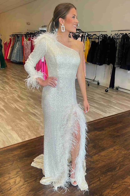 Sexy Sheath One Shoulder Sequins Feathers Long Sleeeves Prom Dresses with Slit