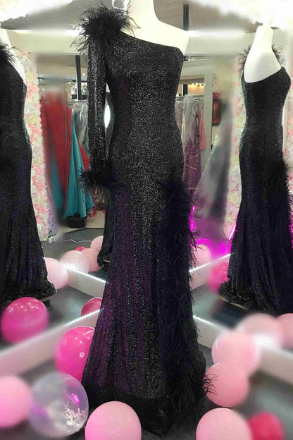 Sexy Sheath One Shoulder Sequins Feathers Long Sleeeves Prom Dresses with Slit