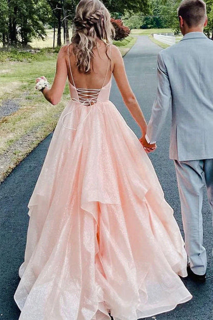 V-Neck Long Tulle Backless Sleeveless Floor-Length Prom Dresses