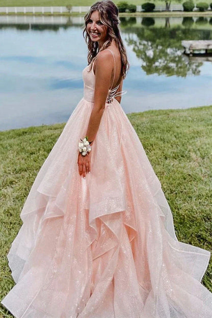 V-Neck Long Tulle Backless Sleeveless Floor-Length Prom Dresses