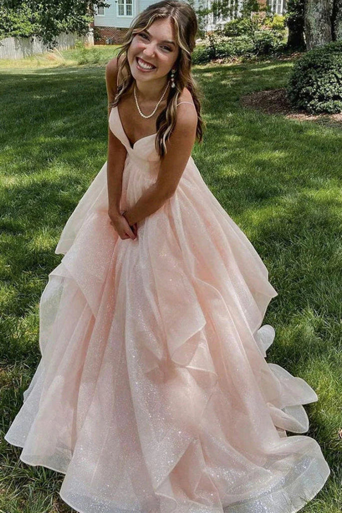 V-Neck Long Tulle Backless Sleeveless Floor-Length Prom Dresses