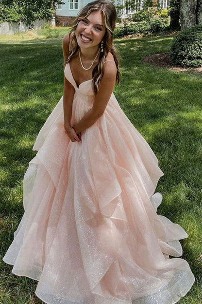 V-Neck Long Tulle Backless Sleeveless Floor-Length Prom Dresses