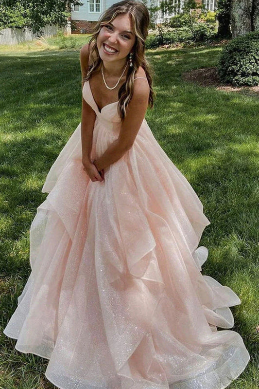 V-Neck Long Tulle Backless Sleeveless Floor-Length Prom Dresses
