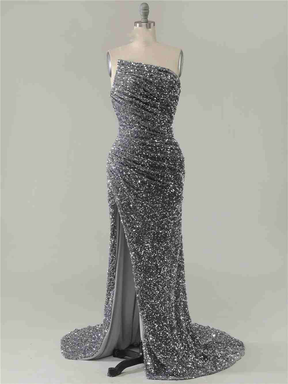Mermaid Strapless Split Prom Dress With Detachable Sleeves