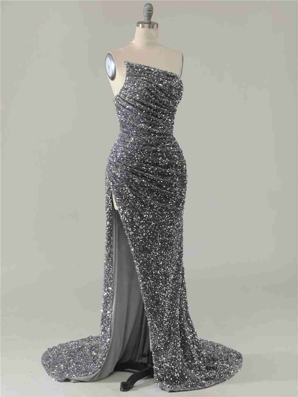 Mermaid Strapless Split Prom Dress With Detachable Sleeves