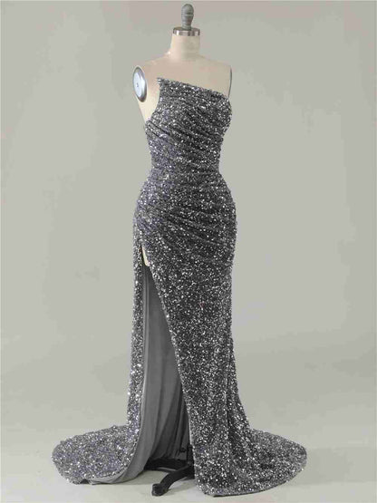 Mermaid Strapless Split Prom Dress With Detachable Sleeves