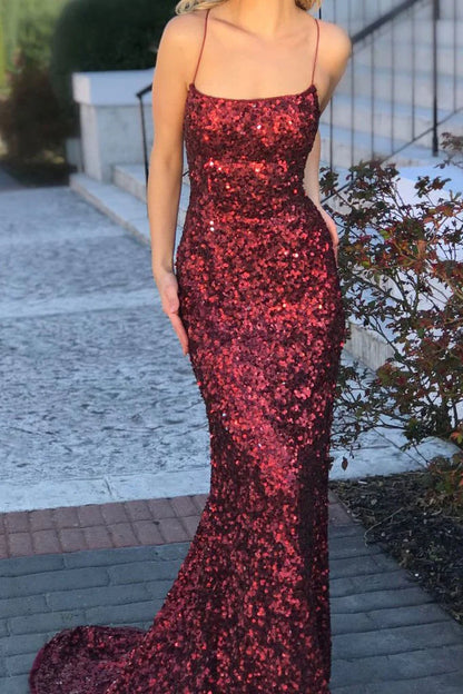 Sexy Spaghetti Straps Red Glitter Sequins Prom Dresses Mermaid Halter Backless Evening Gowns