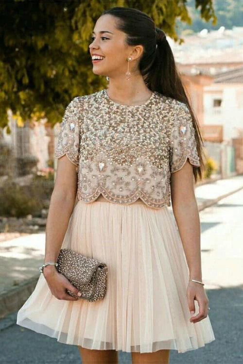 Sexy Two Piece Short Sleeve Homecoming Dress with Beads Round Neck Chiffon Cocktail Dress