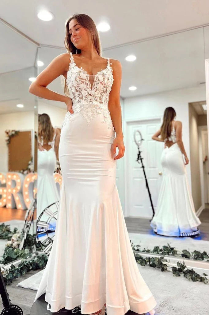 V-neck Lace Appliques Open Back Custom Made Long Prom Dresses