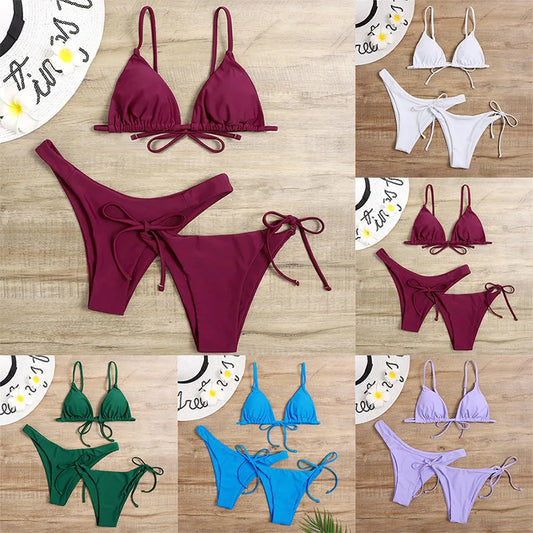 Beaira Sexy 3 Piece Bikini Set Women Solid Blue Purple Push Up Bandage Triangle Swimsuit Brazilian Beach Bathing Suit Swumwear Biquini