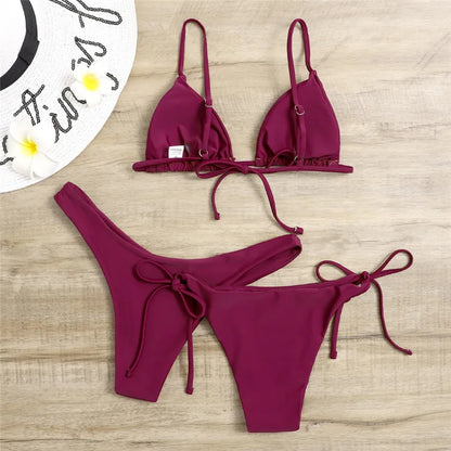 Beaira Sexy 3 Piece Bikini Set Women Solid Blue Purple Push Up Bandage Triangle Swimsuit Brazilian Beach Bathing Suit Swumwear Biquini