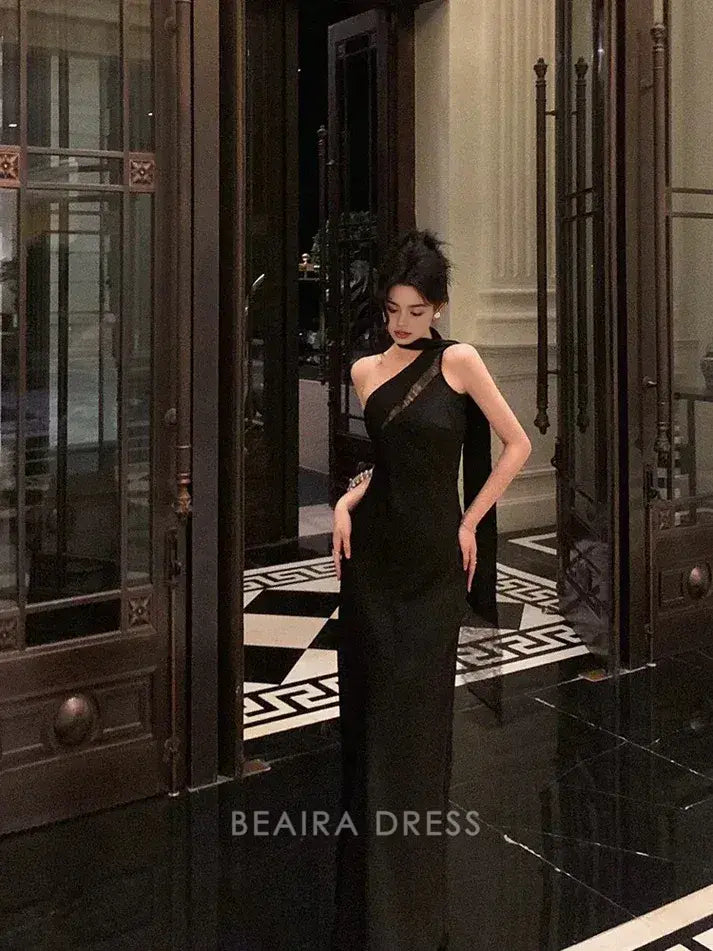 Beaira Elegant Sexy A Line One Shoulder Black Floor Length Prom Dresses Birthday Dress formal wear dresses