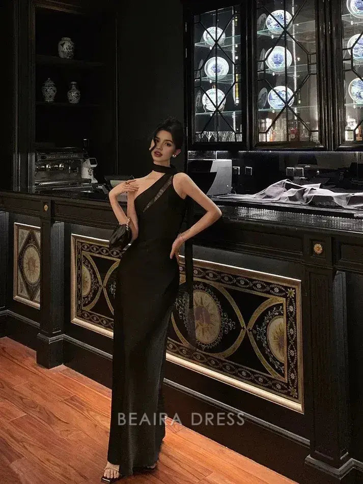 Beaira Elegant Sexy A Line One Shoulder Black Floor Length Prom Dresses Birthday Dress formal wear dresses