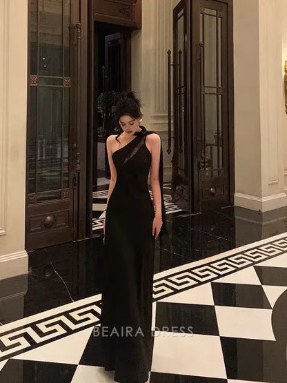 Beaira Elegant Sexy A Line One Shoulder Black Floor Length Prom Dresses Birthday Dress formal wear dresses