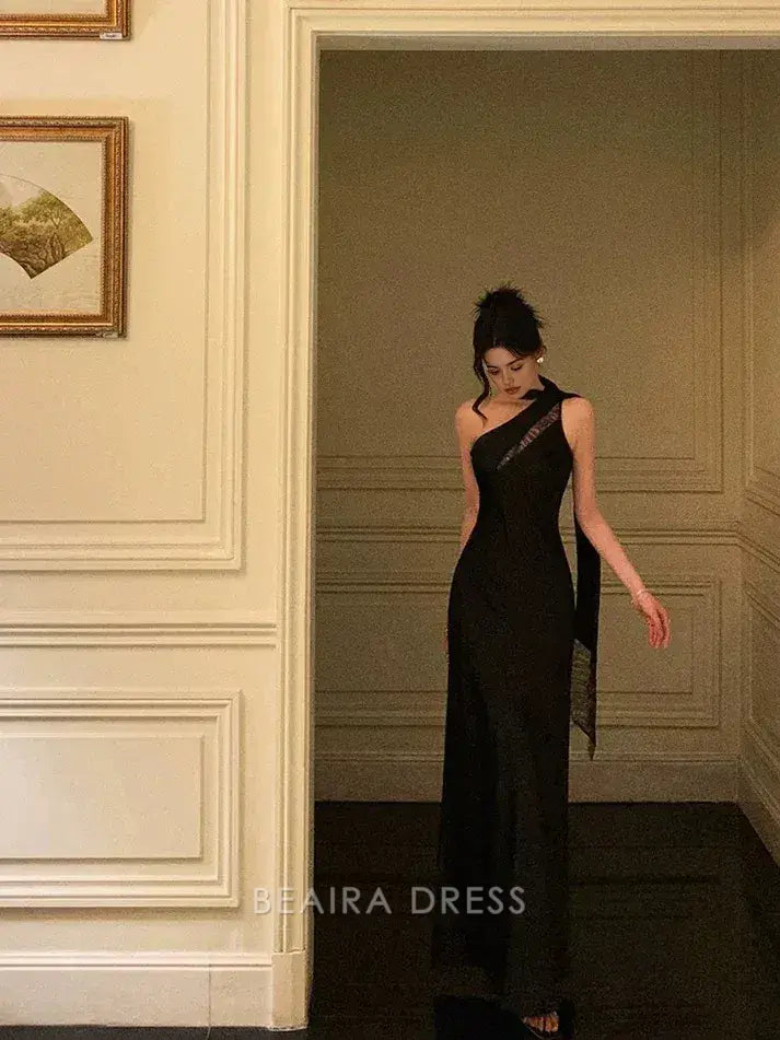 Beaira Elegant Sexy A Line One Shoulder Black Floor Length Prom Dresses Birthday Dress formal wear dresses