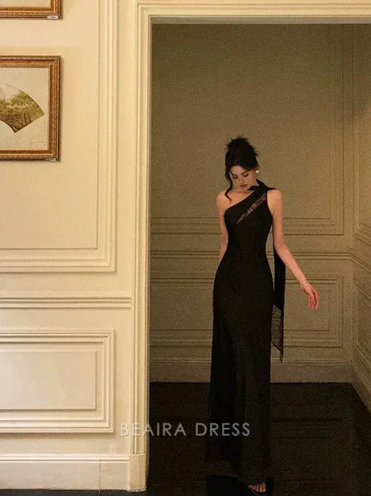 Beaira Elegant Sexy A Line One Shoulder Black Floor Length Prom Dresses Birthday Dress formal wear dresses