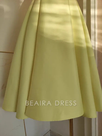Beaira Sexy A line V neckline Satin Knee Length Homecoming Dresses Yellow Birthday Outfits
