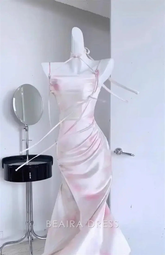 Beaira Elegant Sexy Mermaid Spaghetti Straps Pink Satin Prom Dresses Night Dress Birthday Outfits formal wear dresses