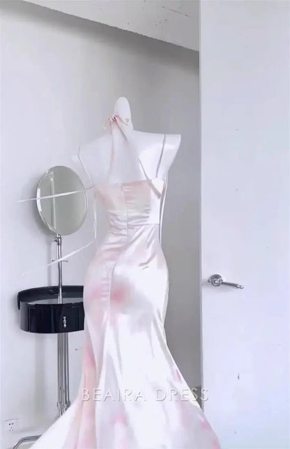 Beaira Elegant Sexy Mermaid Spaghetti Straps Pink Satin Prom Dresses Night Dress Birthday Outfits formal wear dresses