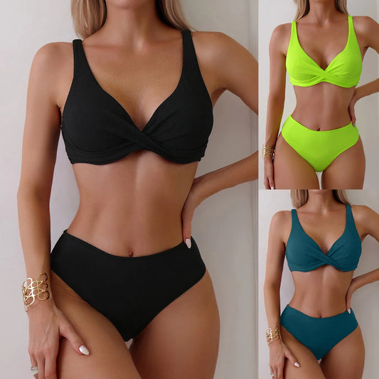 Beaira Sexy Push Up Two Piece Swimsuits Solid Color V Neck Gather Swimwear Ruched Bikinis Set Summer Swimming Outfits Women'S Swimsuit