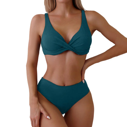 Beaira Sexy Push Up Two Piece Swimsuits Solid Color V Neck Gather Swimwear Ruched Bikinis Set Summer Swimming Outfits Women'S Swimsuit