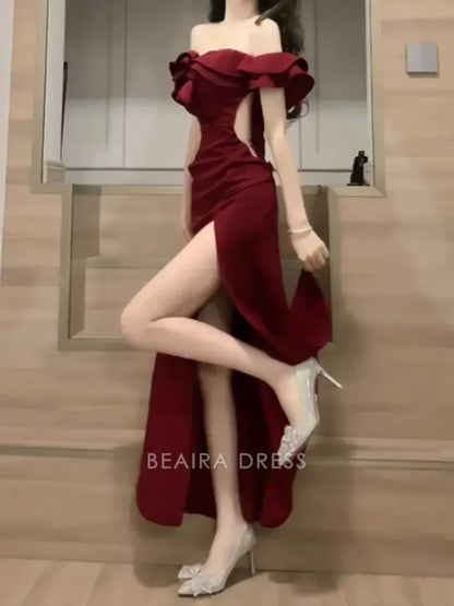 Beaira Elegant Sexy Sheath Off The Shoulder Burgundy Slit Holiday Prom Dresses Night Dress Birthday Outfits formal wear dresses