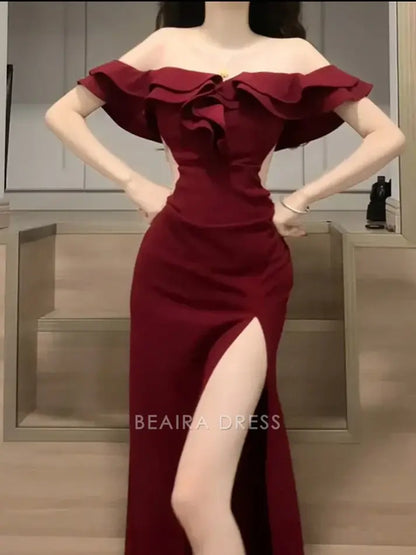 Beaira Elegant Sexy Sheath Off The Shoulder Burgundy Slit Holiday Prom Dresses Night Dress Birthday Outfits formal wear dresses