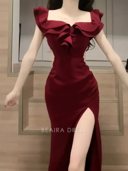 Beaira Elegant Sexy Sheath Off The Shoulder Burgundy Slit Holiday Prom Dresses Night Dress Birthday Outfits formal wear dresses