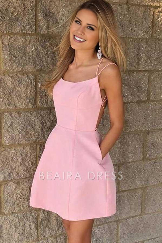 Beaira Sexy Spaghetti Straps Short Pink Homecoming Dress with Pockets formal wear dresses