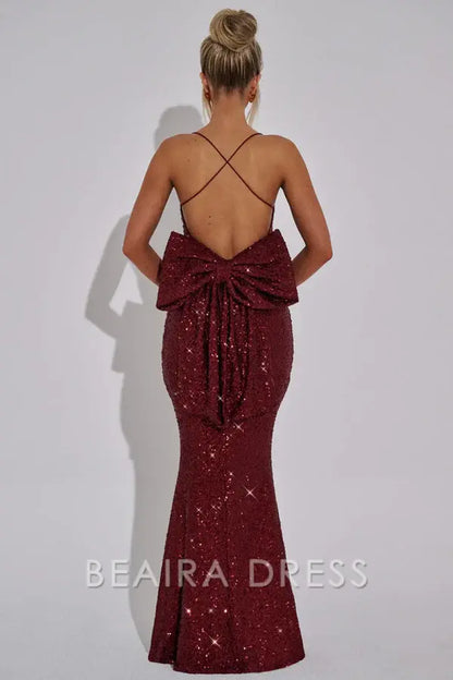 Beaira Sexy & Hot Mermaid Square Spaghetti Straps Sleeveless Open Back Floor Length Prom Dress Fully Sequins Special Occasion Dress Evenng Party Dress with Bow Knot