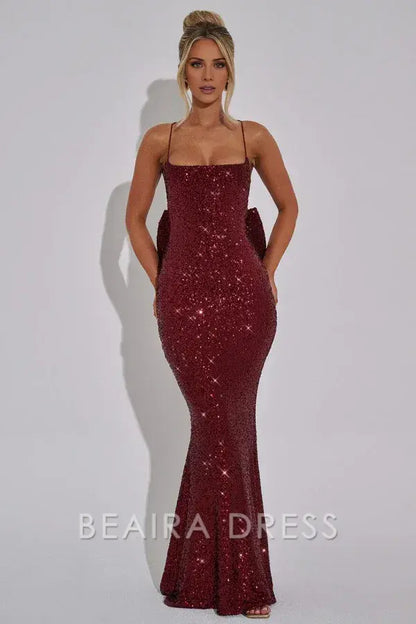 Beaira Sexy & Hot Mermaid Square Spaghetti Straps Sleeveless Open Back Floor Length Prom Dress Fully Sequins Special Occasion Dress Evenng Party Dress with Bow Knot