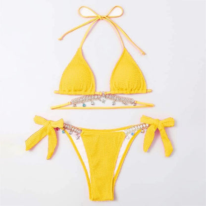 Beaira Sexy Luxury Bikini Women Crystal Rhinestones Push Up Micro Swimsuit Neon Yellow Metal Chain Diamond High Cut Thong Swimwear