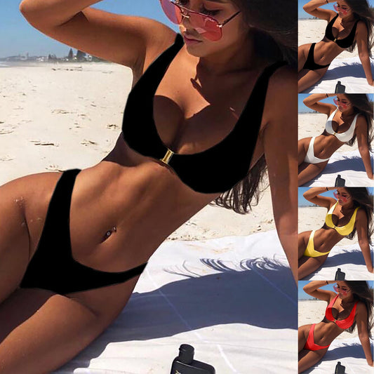 Beaira Women's Sexy Купальник Fashion Solid Color Swimwear Women High Waist Gold Lock Bikini Sexy Beachwear Swimsuit