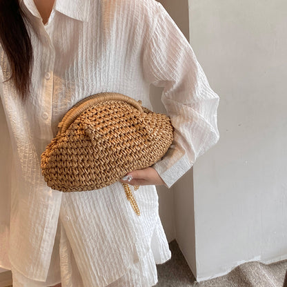 Beaira Women Straw Woven Bag Chain Strap Straw Clutch Purse Large Capacity Stylish Crossbody Bag Solid Color for Summer Beach